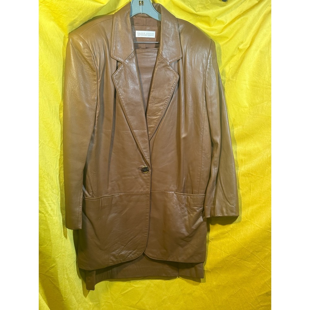 Valerie Stevens New Zealand Lambskin Leather Skirt Suit Brown Blazer Set Size 8